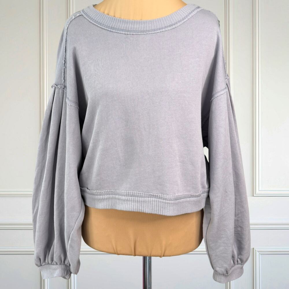 Anthropologie Pilcro Open-Back Bow Cropped Puff Sleeve Sweatshirt Lavender S - Picture 2 of 9